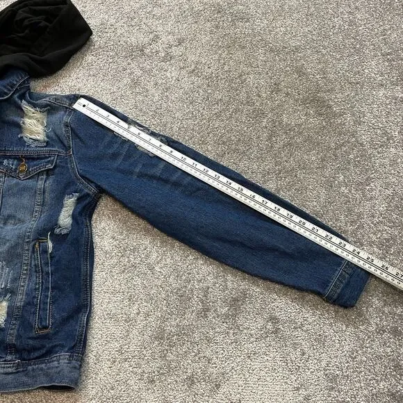 Rue 21 Jean Jacket Womens Small Blue Denim Distressed Dark Wash Black Hooded - Picture 10 of 11